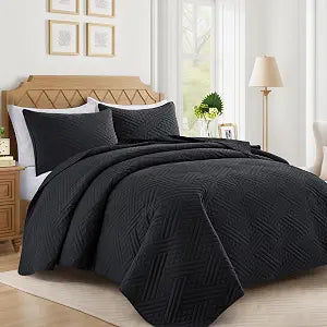 Lavsiry Black Quilt Queen Size with Striped Pattern, Lightweight Soft Summer Thin Microfiber Bedspread & Coverlet Bedding Set for All Seasons - 3 Piece(1 Quilt, 2 Pillow Shams)
