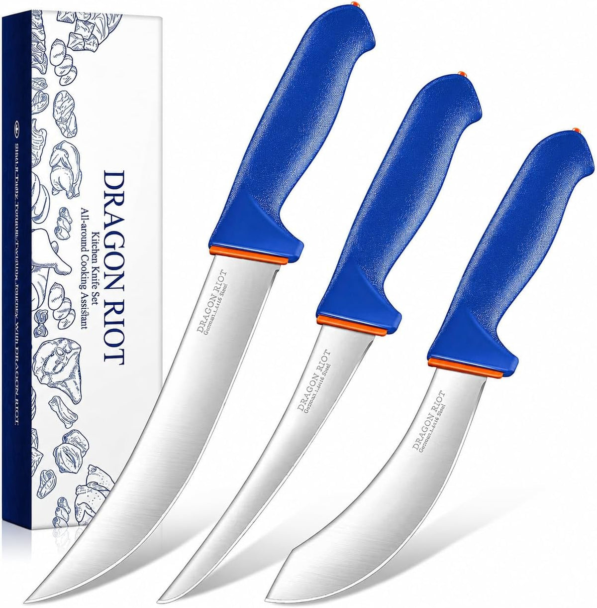DRAGON RIOT 3-Piece Boning Butcher Knife Set 8inch, Stainless Steel