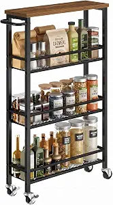 Pipishell Slim Storage Cart with Wheels - 4 Tier Rolling Kitchen Storage Cart with Handle and Wood Top, Metal Slim Bathroom Cart for Laundry Room, Bathroom, Kitchen, Narrow Space, Black & Rustic Brown