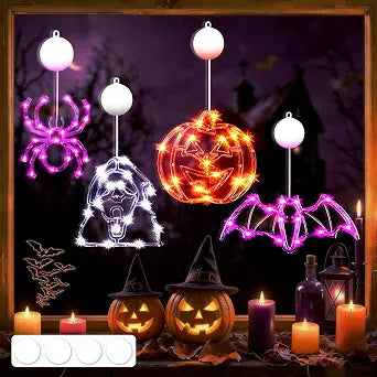 Halloween Window Lights with Timer, 4 Pack Pumpkin, Ghost, Spider, Bat