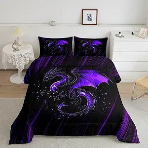 Feelyou Kids Purple Black Ombre Comforter Set Queen Size, Dragon Bedding Set Chinese Dragon Comforter for Kids Boys Girls Animal Duvet Insert Room Decor Bed Set 3Pcs