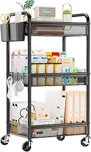 YASONIC 3 Tier Metal Rolling Cart, Black Utility Storage Cart with Wheels