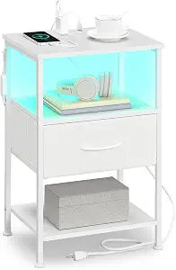 SONGMICS Nightstand with Charging Station, 1 Fabric Drawer