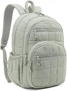 Bookbag for Women, Teen Girls Backpack for High School College Student, Puffer Quilted Back Pack Cute Laptop Backpack for Work Travel Mom Casual Daypack, Green