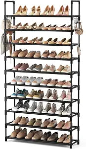 VTRIN 10 Tier Shoe Rack Tall Large Capacity Wide Shoe Organizer with Two Hooks Sturdy Metal Shoe Shelf for Entryway, Closet, Bedroom