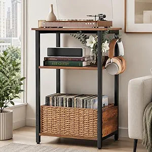 3-Tier Record Player Stand & Vinyl Storage Cabinet  Turntable Side/End Table with Album Rack | Modern Heavy-Duty Media Console Furniture for Living Room, Bedroom | Rustic Wood Finish