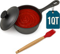 1 QT Cast Iron Sauce Pot with Lid & Wood Brush for Basting, Melting, Simmering Sauce, Butter & Cheese - Built for Cooking, Grilling & Camping - 932F Max Even Heat Distribution - Professional Grade
