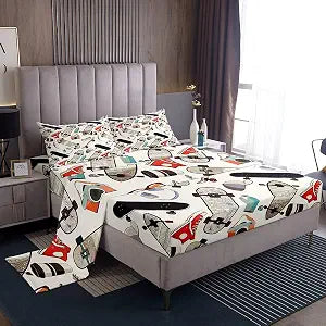 Cartoon Skateboard Sheet Set Twin Size,Hip Hop Style Bedding Set 3pcs for Kids Boys Teens Room Decor Modern Skateboarding Sports Bed Sheet Soft White Fitted + Flat Sheet with 1 Pillowcase