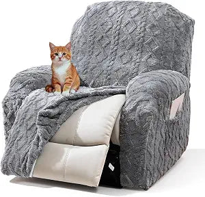 vctops 4 Pieces Recliner Chair Covers, Geometric Jacquard Plush Recliner Slipcovers Soft Fuzzy Fluffy Sofa Couch Cover Anti-Slip Furniture Protector with Elastic Bottom for Kids Cats Dogs(Grey,1 Seat)