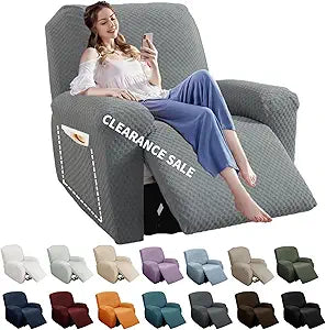 YEMYHOM 4 Pieces Stretch Recliner Slipcover Latest Jacquard Recliner Chair Cover with Side Pocket Anti-Slip Fitted Recliner Cover Couch Furniture Protector with Elastic Bottom (Recliner, Light Gray)