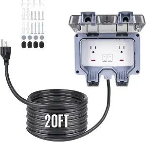 Outdoor Power Outlet 15A 110V with 10/20/33ft Extension Cord IP66 Waterproof, IK08 & UL1363-2018 Certified Outdoor Outlet Extender for Garden Garage Patio (20FT)