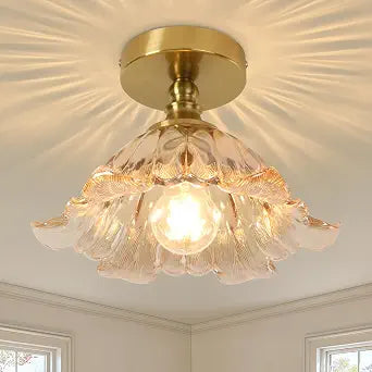 Semi Flush Mount Ceiling Light Fixture, 11in Green Glass Vintage
