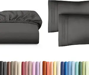 Twin XL Size Fitted Bed Sheet + 2 Pillowcases Bundle - Hotel Luxury Single Fitted Bottom Sheet Only - Fits Mattress w/ Deep Pockets Between 8 to 16 inches - Soft, Breathable & Wrinkle Free - Charcoal