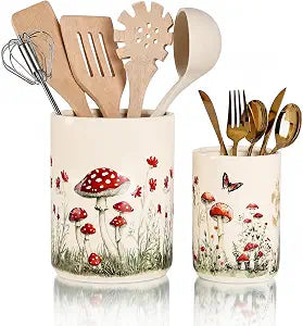 Set of 2 Mushroom Utensil Holders for Kitchen Counter, Ceramic Crocks