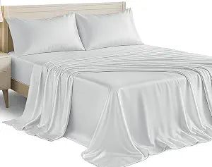Lux D��cor 4-Piece Satin Sheets Queen Size ��� Luxury Silky Soft 100% Polyester Woven Fabric, Deep Pocket Fitted Sheet ��� Smooth & Breathable Bedding with 2 Pillowcases (Grey)