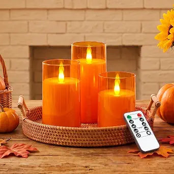 Raycare Flameless LED Pillar Candles 3 Pack Orange 3D Flame Timer Remote