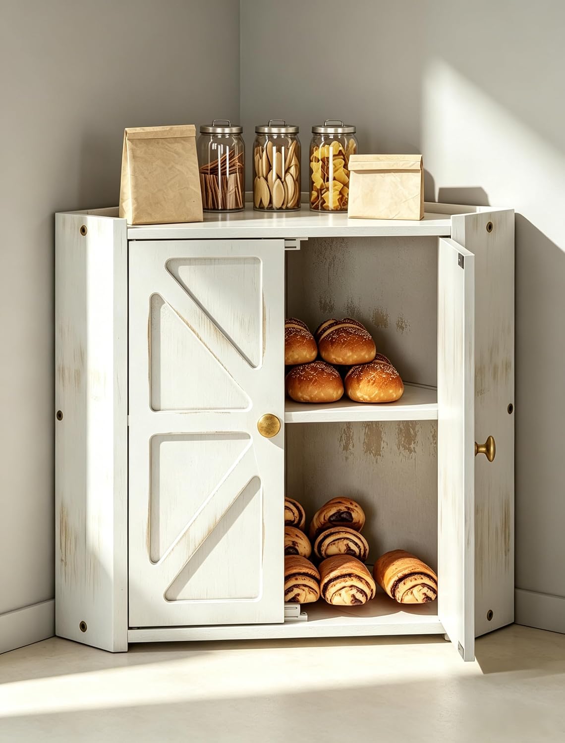 Corner Bread Box for Kitchen Countertop, White Farmhouse Breadbox