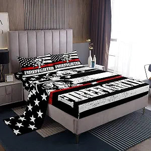 Manfei American Flag Sheet Set Twin Size, Firefighter Bed Sheet Set 3pcs with Deep Pocket Fitted Sheet + Flat Sheet + 1 Pillowcase, White Star Stripe Print Bedding Set for Kids Boys Teens Room Decor