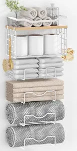 Towel Racks for Bathroom,Towel Rack Wall Mounted, 6 Tier Rolled Or Folded Towel Holder with Floating Shelves, Bathroom Towel Holder for Bath, Hand Towels,White,Walnut Wood Panel
