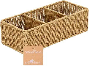 myHomeBody Wicker Basket With 3 Compartments, Bathroom Caddy, Tan