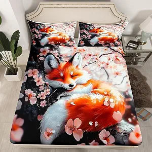 Feelyou Fox Fitted Sheet Twin Size for Kids Boys Girls Teens Cute Japanese