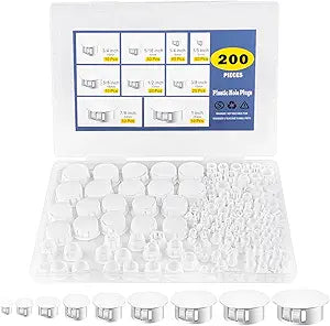 200 Pcs White Plastic Hole Plugs Assorted Sizes, Nylon Caps for Round Holes