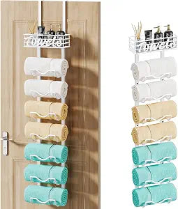 HapiRm Over The Door Towel Rack - 6 Tier Wall Mount Rolled Towel Holder Storage Organizer Shelf with Storage Basket for Small Bathroom, Rv, Camper - White