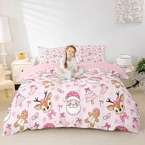 Cute Santa Claus Bedding Sets Queen Size,Gingerbread Man Duvet Cover Set 3Pcs for Kids Girls Boys Adult Room Decor,Pink Bow Deer Snowflake Comforter Cover Pink Christmas Quilt Cover,2 Pillowcases