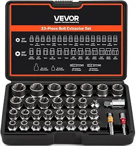 VEVOR Bolt Extractor Set, 32-Piece Bolt and Nut Remover Set, 6mm to 10mm, 13/32" to 3/4", CR-MO Steel Extraction Socket Set with Storage Case, for Removing Damaged Rusted Bolts, Nuts and Screws
