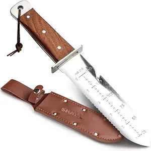 SHALL Hori Hori, Japanese Garden Knife, Soil Knife with Leather Sheath, Rosewood Handle & Hide Rope, 7 Stainless Steel Blade, Rope Cutting Edge, for Digging, Weeding, Planting, Full-Tang