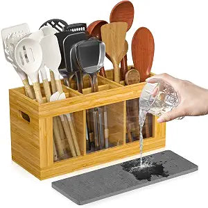 Yofidra Bamboo Kitchen Utensil Holder with Drying Stone and 6 Compartments
