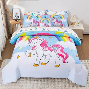 Unicorn Queen Bedding Sets for Girls Kids Teens, 8 Piece Bed in a Bag Purple Rainbow Theme Unicorn Comforter Set Bedroom Decor with Printed Sheet Set