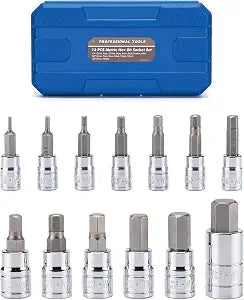 13PCS Metric Hex Bit Socket Set, CR-V Allen Bit Socket Kit, S2 Steel, 2mm - 14mm, 1/4", 3/8" & 1/2" Drive