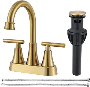 Brushed Gold Bathroom Sink Faucets - 4Inch Centerset Faucets 2-Handle 360 Swivel Spout Faucet Bathroom 2 or 3 Hole with Pop-up Drain & Supply Lines for Vanity RV Restroom
