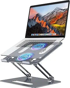 YICOSUN Adjustable Laptop Cooling Stand with 2 Quiet Fans & RGB Lighting, Aluminum Alloy & Foldable Ergonomic Design for MacBook, Lenovo, ASUS, Dell 10-16 Inch, Perfect for Gaming, DJ, Office - Gray
