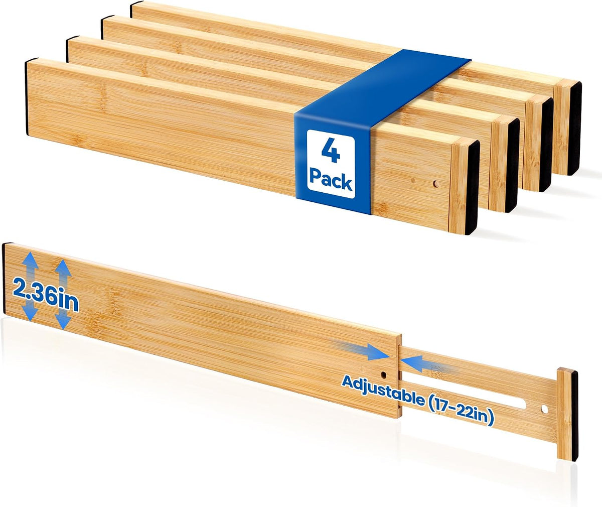 4 Pack 2.36" Bamboo Drawer Dividers, 17-22" Expandable Kitchen Organizers