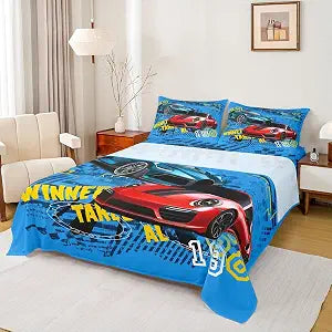 Sports Car Race Fitted Sheets Set - Full Size Speed Bedding - Includes 1 Flat, 1 Fitted Sheet, 2 Pillowcases
