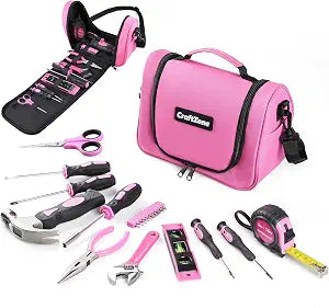 Pink Tool Set | Tool Bag for Women with Shoulder Strap | Basic Tool Kit|21Pcs Tool Pouch with Zipper|Portable Tool Bag with Tools for Home|Dorm|Office|DIY|Desk|Apartment