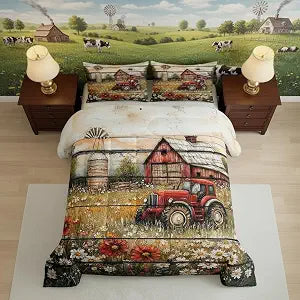 Manfei Farmhouse Style Bedding Set 2Pcs Twin Size Orange Red Green