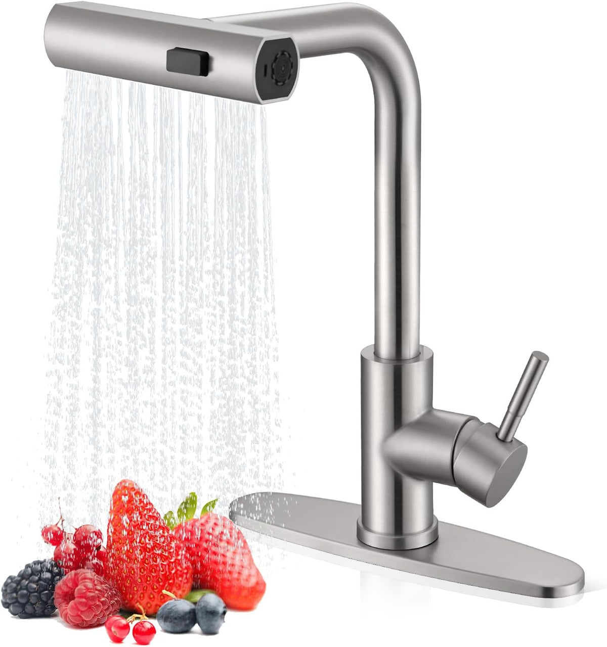 Waterfall Kitchen Faucet with Pull Down Sprayer, Brushed Nickel