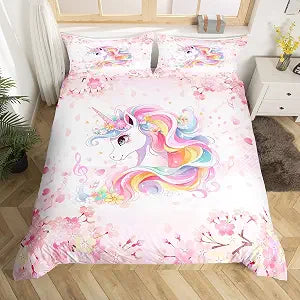 Cartoon Unicorn Kids Duvet Cover Set Full Size,Cherry Blossom Sakura Japanese Romantic Bedding Set,Girls Boys Women Room Decor,Flowers Music Notes Comforter Cover,Pink Cute Quilt Cover,2 Pillowcases