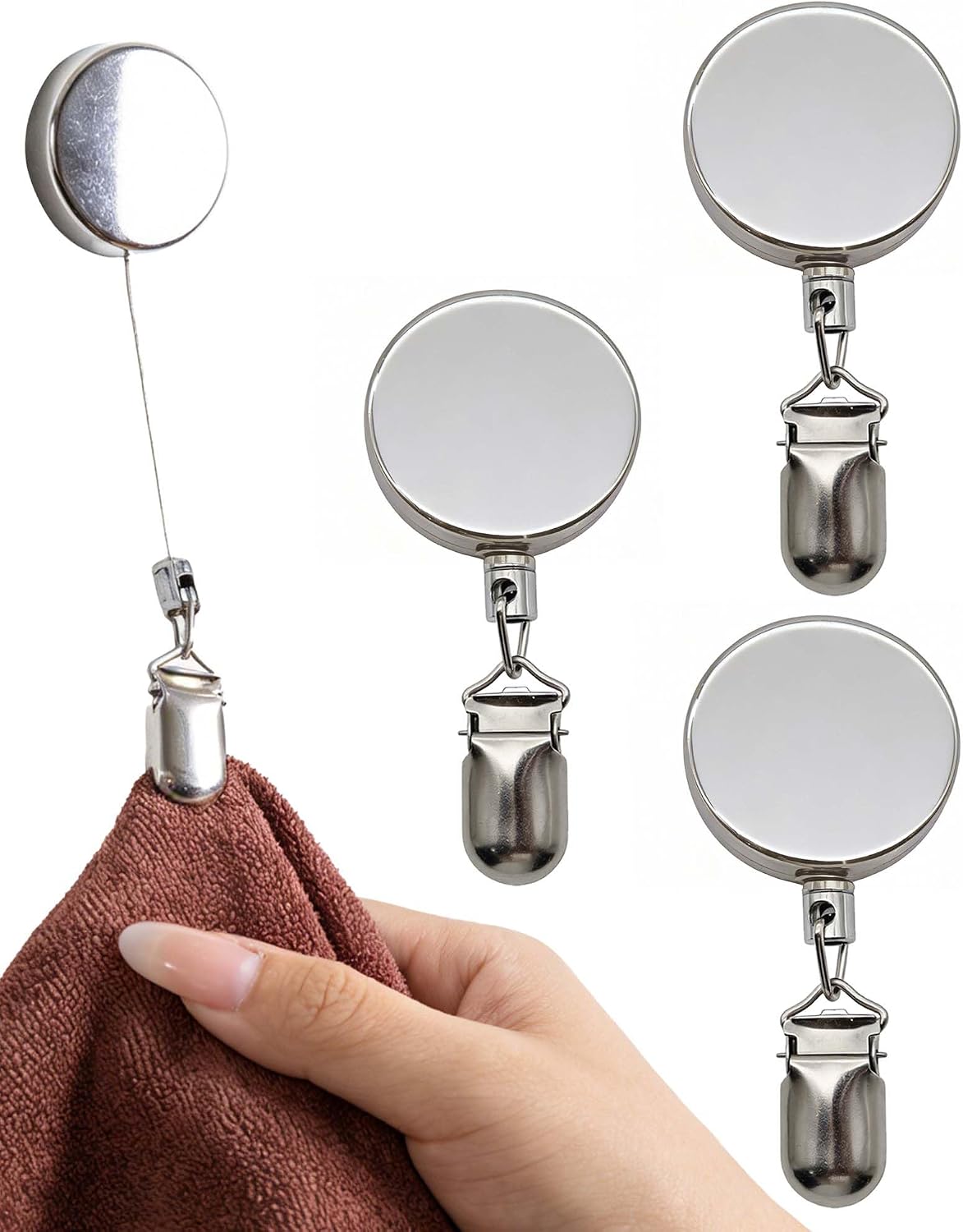 3 Pack Retractable Towel Clip - Metal Kitchen Towel Holder, No Drill