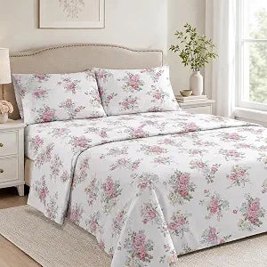 HYPREST Shabby Chic Pink Floral Sheets King Rose Bouquet 16-in Deep Pocket