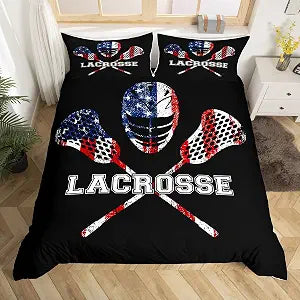 Lacrosse Comforter Cover Queen Size,Sports Ball Games Themed Bedding Set for Modern Room,American Flag Print Duvet Cover Set with 2 Pillowcases, Ultra Soft Bed Spread