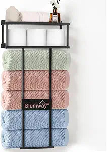 BlumWay Towel Racks for Bathroom, 31IN Bathroom Towel Storage Rack for Rolled Towels, Metal Towel Rack Wall Mounted,Towel Holder with Shelf & Storage Basket,Towel Organizer with Hooks, Black