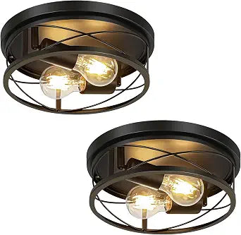 Farmhouse Lights,Black Industrial 2 Pack Round Metal Flush Mount Hallway & Bedroom Ceiling Lamp, Kitchen Round Lights (Bulbs Not Included)