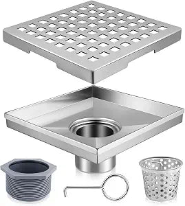 Boltigen 6 inch Square Shower Drain, Brushed Nickel 304 Stainless Steel Bathroom Floor Drain (with US CUPC Certification) with Removable Quadrato Pattern Grate,Hair Filters,Threaded Joint Lifting Hook