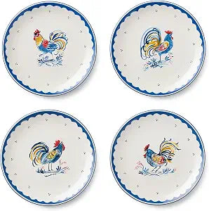 French Rooster Ceramic SALAD/DESSERT PLATES,SET OF 4, 9inch plates with cobalt borders and classic rooster motifs, perfect for salads, desserts, brunch, farmhouse kitchens, rustic French dcor