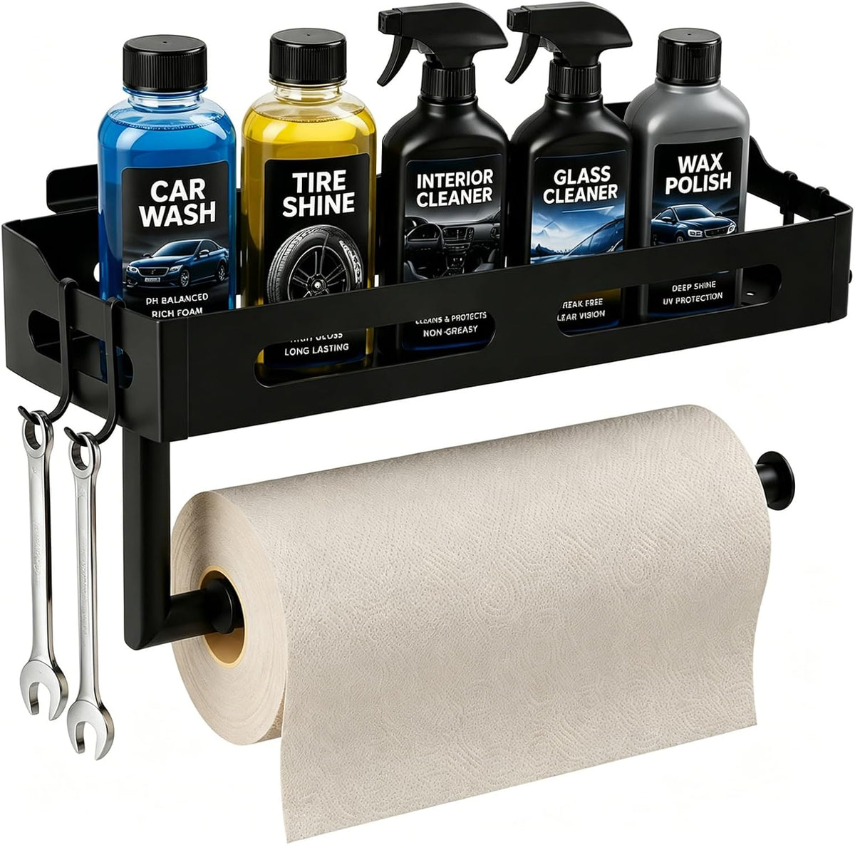 12 Inch Slatwall Paper Towel Holder with Shelf and 4 Hooks, Heavy Duty Metal Storage Rack for Workspace Organization, Kitchen, Bathroom, Black