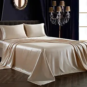 SiinvdaBZX 4Pcs Satin Sheet Set Queen Size 15-Inch Deep Pocket, Beige